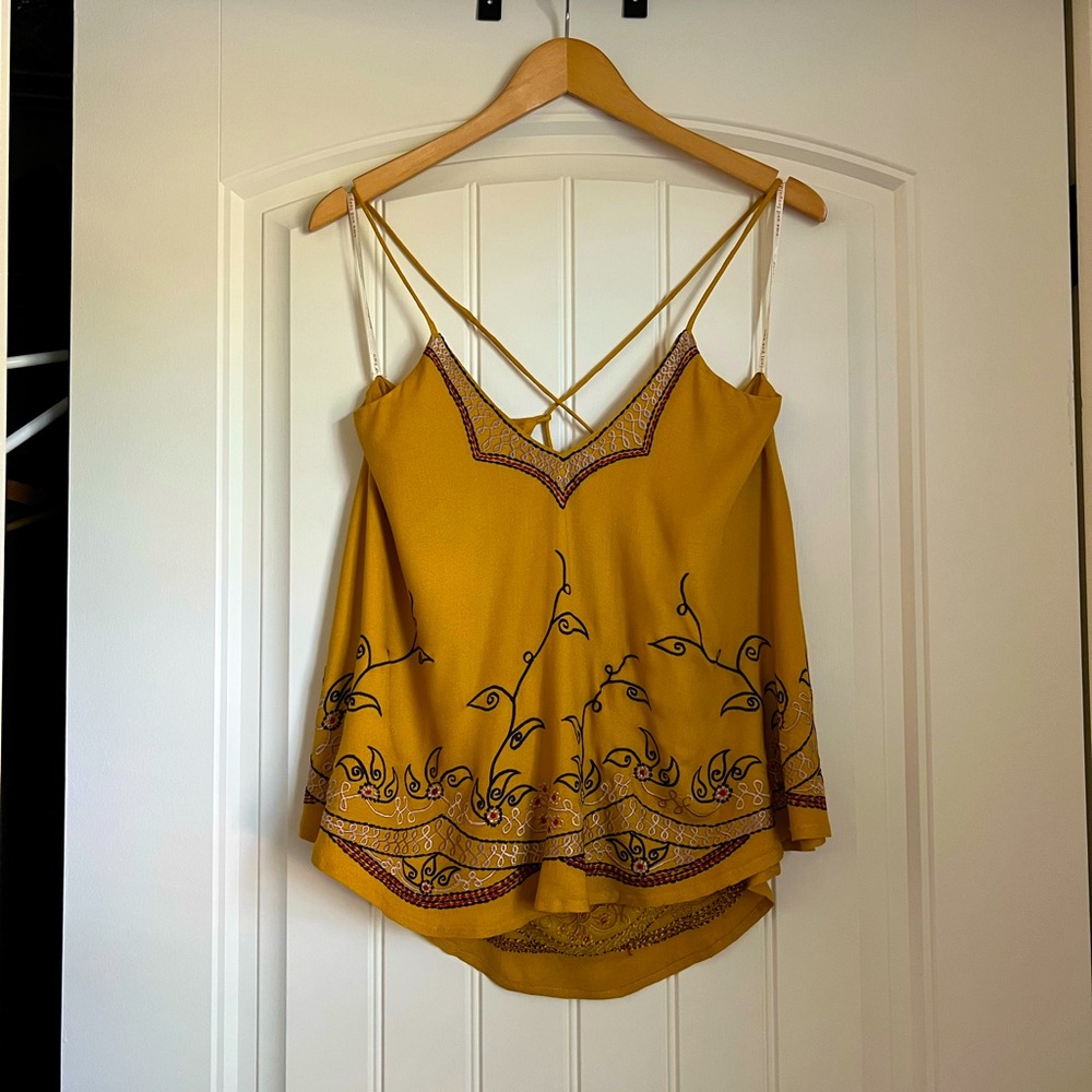 uma & leopold Embroidered Floral Mustard Tie-back Tank, size S